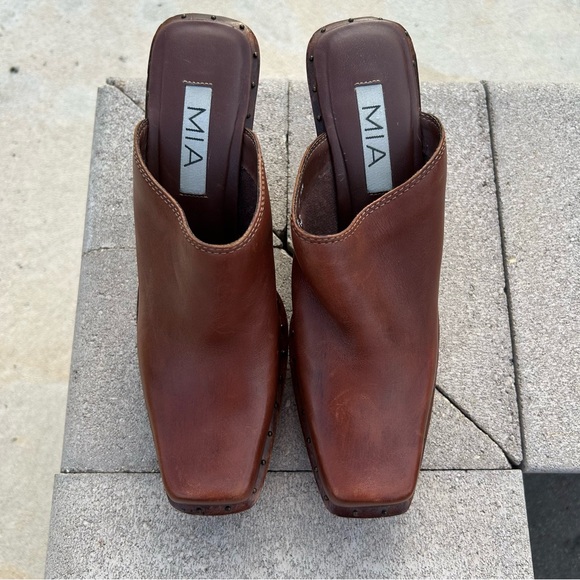 MIA Wooden Leather Studded Platform Heel Mule Clog Shoes Brown 10 - Picture 5 of 16